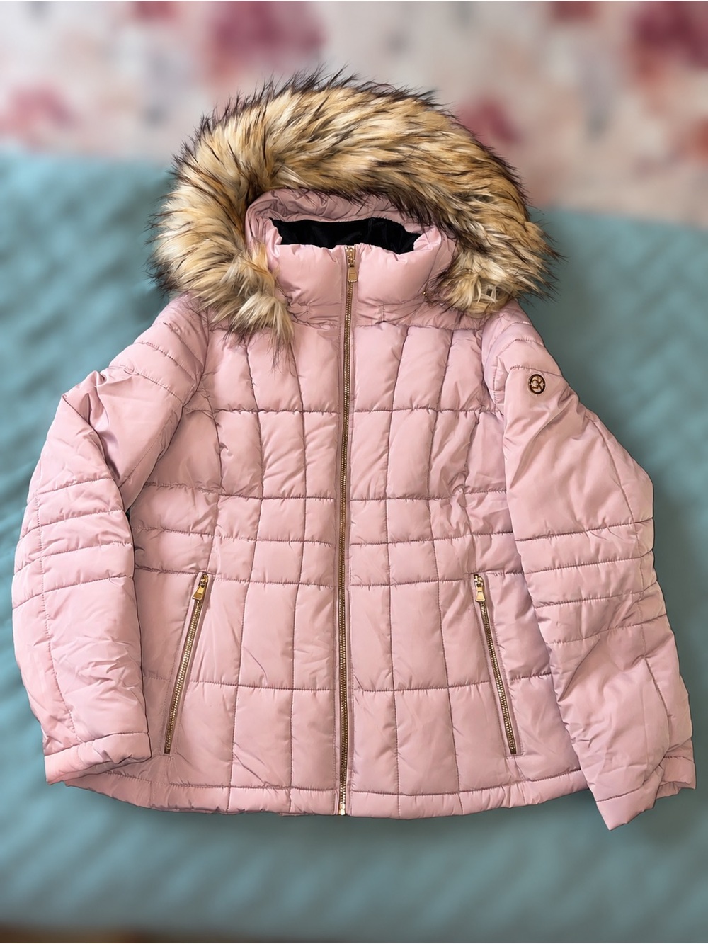 Calvin Klein Light Pink Quilted Hooded Puffer with Faux Fur Trim